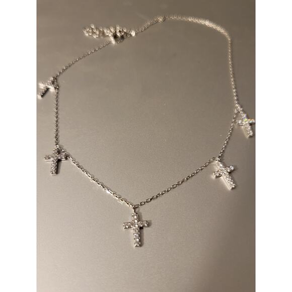 925 Sterling Silver 5 Cross Necklace Cubic Zirconia - Picture 1 of 5